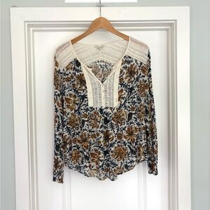 Lucky Brand Boho Crochet Knit Floral Long Sleeve Top Size L